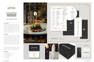 BAKEHOUSE
BRASSERIE
LO G O / B R A N D I D E N T I T Y
C H A L L E N G E :
The Menin Group’s new Bakehouse Brasserie in
Miami’s hip South Beach neighborhood, needed
a great logo and branding strategy to help them
stand out in a crowded restaurant field. The owners
asked for a look inspired by the Wes Anderson
movie The Grand Budapest Hotel. The result was
an interpretation of a classic French cafe with a
modern and whimsical approach.
S O L U T I O N :
We created a clean, bold logo, consisting of
an emphatic typeface with hand drawn assets
that was ornate and clean at the same time. It
worked on all their different collateral to lend a
sophisticated but welcoming neighborhood flair
to this French-themed restaurant. We also created
illustrations of restaurant icons to help support
the main identity. They can be seen on all the
supporting collateral from menus, bags and boxes.
A refined palette of dark grey and gold foil were
selected to help push the high end and exciting
new look of the Menin Hospitality establishment.
S E R V I C E S :
// Logo design
// Supporting brand collateral
// Brand style guide
// Interior signage
// Iconography
// Menu design  
10 | JACOBER CREATIVE JACOBER CREATIVE | 11
 