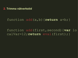 2.  Trimma nätverkstid function  add (first,second){ var  lo calVar=12; return   eval (first);} function  add (a,b){ return  a+b;} 