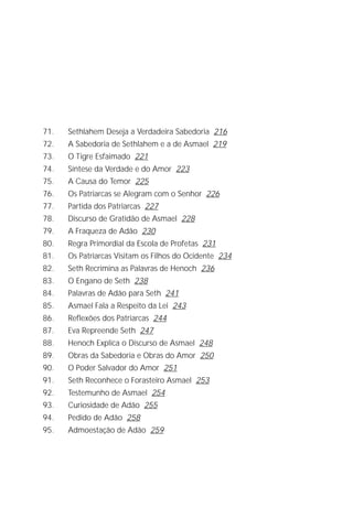 Jacob Lorber
6




71.    Sethlahem Deseja a Verdadeira Sabedoria 216
72.    A Sabedoria de Sethlahem e a de Asmael 219
73.    O Tigre Esfaimado 221
74.    Síntese da Verdade e do Amor 223
75.    A Causa do Temor 225
76.    Os Patriarcas se Alegram com o Senhor 226
77.    Partida dos Patriarcas 227
78.    Discurso de Gratidão de Asmael 228
79.    A Fraqueza de Adão 230
80.    Regra Primordial da Escola de Profetas 231
81.    Os Patriarcas Visitam os Filhos do Ocidente 234
82.    Seth Recrimina as Palavras de Henoch 236
83.    O Engano de Seth 238
84.    Palavras de Adão para Seth 241
85.    Asmael Fala a Respeito da Lei 243
86.    Reflexões dos Patriarcas 244
87.    Eva Repreende Seth 247
88.    Henoch Explica o Discurso de Asmael 248
89.    Obras da Sabedoria e Obras do Amor 250
90.    O Poder Salvador do Amor 251
91.    Seth Reconhece o Forasteiro Asmael 253
92.    Testemunho de Asmael 254
93.    Curiosidade de Adão 255
94.    Pedido de Adão 258
95.    Admoestação de Adão 259
 