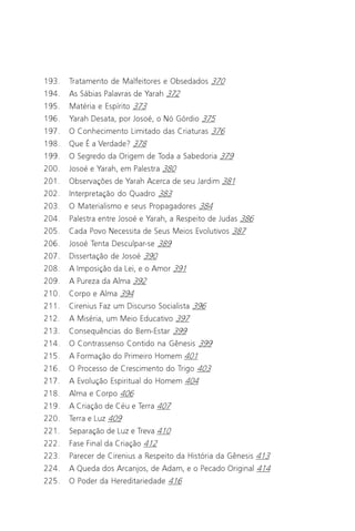 O Grande Evangelho de João – Volume II
                                                                             9

193.   Tratamento de Malfeitores e Obsedados 370
194.   As Sábias Palavras de Yarah 372
195.   Matéria e Espírito 373
196.   Yarah Desata, por Josoé, o Nó Górdio 375
197.   O Conhecimento Limitado das Criaturas 376
198.   Que É a Verdade? 378
199.   O Segredo da Origem de Toda a Sabedoria 379
200.   Josoé e Yarah, em Palestra 380
201.   Observações de Yarah Acerca de seu Jardim 381
202.   Interpretação do Quadro 383
203.   O Materialismo e seus Propagadores 384
204.   Palestra entre Josoé e Yarah, a Respeito de Judas 386
205.   Cada Povo Necessita de Seus Meios Evolutivos 387
206.   Josoé Tenta Desculpar-se 389
207.   Dissertação de Josoé 390
208.   A Imposição da Lei, e o Amor 391
209.   A Pureza da Alma 392
210.   Corpo e Alma 394
211.   Cirenius Faz um Discurso Socialista 396
212.   A Miséria, um Meio Educativo 397
213.   Consequências do Bem-Estar 399
214.   O Contrassenso Contido na Gênesis 399
215.   A Formação do Primeiro Homem 401
216.   O Processo de Crescimento do Trigo 403
217.   A Evolução Espiritual do Homem 404
218.   Alma e Corpo 406
219.   A Criação de Céu e Terra 407
220.   Terra e Luz 409
221.   Separação de Luz e Treva 410
222.   Fase Final da Criação 412
223.   Parecer de Cirenius a Respeito da História da Gênesis 413
224.   A Queda dos Arcanjos, de Adam, e o Pecado Original 414
225.   O Poder da Hereditariedade 416
 