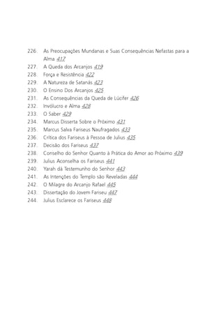 Jacob Lorber
10

226.   As Preocupações Mundanas e Suas Consequências Nefastas para a
       Alma 417
227.   A Queda dos Arcanjos 419
228.   Força e Resistência 422
229.   A Natureza de Satanás 423
230.   O Ensino Dos Arcanjos 425
231.   As Consequências da Queda de Lúcifer 426
232.   Invólucro e Alma 428
233.   O Saber 429
234.   Marcus Disserta Sobre o Próximo 431
235.   Marcus Salva Fariseus Naufragados 433
236.   Crítica dos Fariseus à Pessoa de Julius 435
237.   Decisão dos Fariseus 437
238.   Conselho do Senhor Quanto à Prática do Amor ao Próximo 439
239.   Julius Aconselha os Fariseus 441
240.   Yarah dá Testemunho do Senhor 443
241.   As Intenções do Templo são Reveladas 444
242.   O Milagre do Arcanjo Rafael 445
243.   Dissertação do Jovem Fariseu 447
244.   Julius Esclarece os Fariseus 448
 