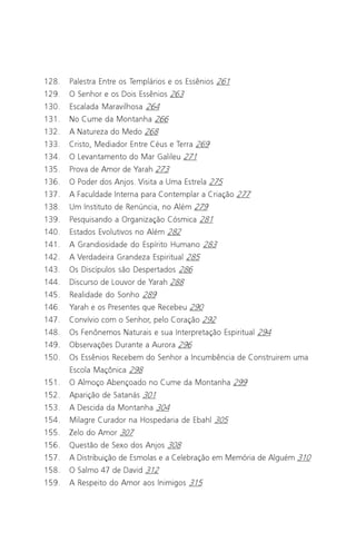 O Grande Evangelho de João – Volume II
                                                                            7

128.   Palestra Entre os Templários e os Essênios 261
129.   O Senhor e os Dois Essênios 263
130.   Escalada Maravilhosa 264
131.   No Cume da Montanha 266
132.   A Natureza do Medo 268
133.   Cristo, Mediador Entre Céus e Terra 269
134.   O Levantamento do Mar Galileu 271
135.   Prova de Amor de Yarah 273
136.   O Poder dos Anjos. Visita a Uma Estrela 275
137.   A Faculdade Interna para Contemplar a Criação 277
138.   Um Instituto de Renúncia, no Além 279
139.   Pesquisando a Organização Cósmica 281
140.   Estados Evolutivos no Além 282
141.   A Grandiosidade do Espírito Humano 283
142.   A Verdadeira Grandeza Espiritual 285
143.   Os Discípulos são Despertados 286
144.   Discurso de Louvor de Yarah 288
145.   Realidade do Sonho 289
146.   Yarah e os Presentes que Recebeu 290
147.   Convívio com o Senhor, pelo Coração 292
148.   Os Fenônemos Naturais e sua Interpretação Espiritual 294
149.   Observações Durante a Aurora 296
150.   Os Essênios Recebem do Senhor a Incumbência de Construirem uma
       Escola Maçônica 298
151.   O Almoço Abençoado no Cume da Montanha 299
152.   Aparição de Satanás 301
153.   A Descida da Montanha 304
154.   Milagre Curador na Hospedaria de Ebahl 305
155.   Zelo do Amor 307
156.   Questão de Sexo dos Anjos 308
157.   A Distribuição de Esmolas e a Celebração em Memória de Alguém 310
158.   O Salmo 47 de David 312
159.   A Respeito do Amor aos Inimigos 315
 