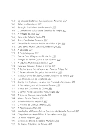 Jacob Lorber
8

160.   Os Marujos Relatam os Acontecimentos Noturnos 317
161.   Rafael e o Marinheiro 318
162.   Recepção dos Fariseus em Genezareth 320
163.   O Comandante Julius Relata Episódios do Templo 321
164.   A Imitação de Jesus 322
165.   Cena entre Rafael e Yarah 324
166.   Amor, Clemência e Paciência 326
167.   Despedida do Senhor e Partida para Sidon e Tyro 328
168.   Cena com a Mulher Cananeia, Perto de Tyro 329
169.   A Obsessão 331
170.   A Fonte Milagrosa 333
171.   Grande Cura Milagrosa na Montanha 334
172.   Predição do Senhor Quanto à Sua Doutrina 335
173.   A Segunda Multiplicação dos Pães 337
174.   Fariseus e Saduceus Tentam o Senhor 338
175.   O Senhor Numa Pobre Cabana, em Cesareia Philippi 341
176.   O Testemunho dos Discípulos Sobre o Cristo 344
177.   Marcus, o Dono da Cabana, Relata Crueldades do Templo 346
178.   Fato Ocorrido com os Templários 347
179.   Revolta dos Discípulos, em Vista das Crueldades Templárias 349
180.   A Pesca Abençoada. O Estrume do Templo 350
181.   Marcus e os Caçadores do Dízimo 351
182.   O Senhor Prediz Sua Morte e Ressurreição 353
183.   A Visita de Cirenius é Anunciada 355
184.   Marcus Recebe Cirenius 356
185.   Método de Ensino Angelical 357
186.   O Presente de Cirenius a Marcus 360
187.   A Assembleia no Mar 361
188.   João Explica a Diferença Entre a Compreensão Natural e Espiritual 362
189.   Chegada de um Navio Militar. A Pesca Abundante 364
190.   Os Novos Hóspedes 365
191.   Métodos de Ensino, Celestial e Mundano 366
192.   Os Direitos Tributários do Templo 369
 
