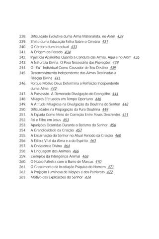 Jakob Lorber
10

238.   Dificuldade Evolutiva duma Alma Materialista, no Além 429
239.   Efeito duma Educação Falha Sobre o Cérebro 431
240.   O Cérebro dum Intectual 433
241.   A Origem do Pecado 434
242.   Injustiças Aparentes Quanto à Conduta das Almas, Aqui e no Além 436
243.   A Natureza Divina. O Peso Necessário das Provações 438
244.   O “Eu” Individual Como Causador de Seu Destino 439
245.   Desenvolvimento Independente das Almas Destinadas à
       Filiação Divina 441
246.   Porque Motivo Deus Determina a Perfeição Independente
       duma Alma 442
247.   A Possessão. A Demorada Divulgação do Evangelho 444
248.   Milagres Efetuados em Tempo Oportuno 446
249.   A Atitude Milagrosa na Divulgação da Doutrina do Senhor 448
250.   Dificuldades na Propagação da Pura Doutrina 449
251.   A Espada Como Meio de Correção Entre Povos Descrentes 451
252.   Pai e Filho em Jesus 453
253.   Aparições Ocorridas Durante o Batismo do Senhor 456
254.   A Grandiosidade da Criação 457
255.   A Encarnação do Senhor no Atual Período da Criação 460
256.   A Esfera Vital da Alma e a do Espírito 463
257.   A Onisciência Divina 464
258.   A Linguagem dos Animais 466
259.   Exemplos da Inteligência Animal 468
260.   O Núbio Palestra com o Burro de Marcus 470
261.   O Crescimento da Irradiação Psíquica do Homem 471
262.   A Projeção Luminosa de Moysés e dos Patriarcas 472
263.   Motivo das Explicações do Senhor 474
 