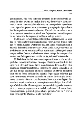O Grande Evangelho de João – Volume IV
                                                                       455

poderosíssimo, cuja força luminosa ultrapassa de modo indizível a po-
tência da esfera externa de sua luz. Desta luz, desenvolve-se constante-
mente, a mais pura atmosfera solar que, em sua superfície, reproduz-se
como fogo e luz, porém, num grau menor que o próprio fogo e de sua
irradiação poderosa no centro do Astro. Contudo é a atmosfera externa
da luz solar em sua natureza, idêntica ao fogo central. Necessita apenas
de sua máxima irritação para assemelhar-se ao fogo interno.
     14. Bem, este fogo central do Sol é idêntico ao Pai em Mim; Eu sou a
Luz e o Fogo constantemente surgidos deste Foco Original, de onde tudo
que foi criado, subsiste. Deste modo sou, em Minha Atual Existência, a
Projeção do Pai em Mim e tudo que é Dele é Minha Posse, e vice-versa. Eu
e o Pai temos de ser plenamente Unos, apenas com a diferença de existir
sempre no Foco Central, conhecimento e saber mais profundos que na luz
externa, que Dele apenas recebe maior excitação à medida necessária.
     15. Poderia excitar-Me ao mesmo tempo; neste caso, porém, estaríeis
perdidos, como também todos os corpos cósmicos ao redor deste Sol;
uma vez a esfera externa de luz se incendiando na força do fogo e luz
solares, seu poder irritaria todos os elementos no Espaço, tornando-se ele
um mar de fogo destruidor, infinito e poderoso! O interior da matéria
solar é de tal forma constituído a suportar fogo e águas poderosas que
constantemente se projetam sobre ele, em virtude da circulação perma-
nente, como nas criaturas a circulação sangüínea; ocupam o fogo na dis-
solução e nova formação do ar, conseqüentemente da água, impedindo
seja o Sol destruído. Mesmo algumas partes se desintegrando, são nova-
mente repostas pela água, assim se estabelecendo uma ordem constante.
Se analisardes este quadro de perto, sabereis quem é o “Pai” e o “Filho”, a
alma e seu espírito. Dizei-Me se isto vos é claro.”
 