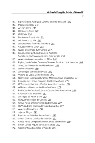 O Grande Evangelho de João – Volume IV
                                                                             7

139.   Explicação das Aparições Durante a Morte de Lázaro 243
140.   Indagações Tolas 245
141.   A “Ira” Divina 246
142.   O Primeiro Casal 248
143.   O Dilúvio 250
144.   Motivo das Catástrofes 251
145.   A Influência do Mal 253
146.   A Maravilhosa Plantinha Curadora 254
147.   Causas de Frio e Calor 255
148.   Queda Desastrada dum Garoto 257
149.   Fenômenos Espirituais Durante o Acidente.
       Suicídio do Essênio Amaldiçoado Pelo Templo 258
150.   As Almas dos Acidentados, no Além 260
151.   Explicações do Senhor Quanto às Situações Psíquicas dos Acidentados 263
152.   Situações Diversas de Suicidas no Além 266
153.   A Pedra Filosofal 269
154.   A Irradiação Venenosa da Viúva 270
155.   Veneno de Cobra Como Remédio 272
156.   Ocorrências Espirituais Durante a Morte da Viúva e Sua Filha 274
157.   Evolução das Formas Psíquicas das Duas Mulheres 275
158.   O Veneno em Minerais, Plantas, Animais e Homens 277
159.   A Natureza Venenosa das Duas Mulheres 278
160.   Reflexões de Cirenius Quanto à Ordem Evolutiva da Alma 280
161.   Cirênius Critica a Gênesis 281
162.   A Criação de Adam e Eva 283
163.   Os Quatro Sentidos da Gênesis 285
164.   Chave Para o Entendimento das Escrituras 287
165.   Os Verdadeiros Doutrinadores do Evangelho 289
166.   A Aurora Maravilhosa 291
167.   Jejum e Alegria 293
168.   Reprimedas Feitas Por Amor-Próprio 295
169.   Simon Critica o Cântico de Salomon 297
170.   Chave Para a Compreensão do Cântico Salomônico 300
171.   Simon Elucida Alguns Versos do Cântico 302
172.   Gabi Confessa Sua Tolice e Vaidade 305
 
