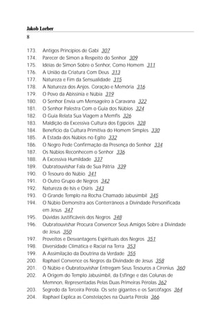 Jakob Lorber
8

173.   Antigos Princípios de Gabi 307
174.   Parecer de Simon a Respeito do Senhor 309
175.   Idéias de Simon Sobre o Senhor, Como Homem 311
176.   A União da Criatura Com Deus 313
177.   Natureza e Fim da Sensualidade 315
178.   A Natureza dos Anjos. Coração e Memória 316
179.   O Povo da Abissínia e Núbia 319
180.   O Senhor Envia um Mensageiro à Caravana 322
181.   O Senhor Palestra Com o Guia dos Núbios 324
182.   O Guia Relata Sua Viagem a Memfis 326
183.   Maldição da Excessiva Cultura dos Egípcios 328
184.   Benefício da Cultura Primitiva do Homem Simples 330
185.   A Estada dos Núbios no Egito 332
186.   O Negro Pede Confirmação da Presença do Senhor 334
187.   Os Núbios Reconhecem o Senhor 336
188.   A Excessiva Humildade 337
189.   Oubratouvishar Fala de Sua Pátria 339
190.   O Tesouro do Núbio 341
191.   O Outro Grupo de Negros 342
192.   Natureza de Isis e Osiris 343
193.   O Grande Templo na Rocha Chamado Jabusimbil 345
194.   O Núbio Demonstra aos Conterrâneos a Divindade Personificada
       em Jesus 347
195.   Dúvidas Justificáveis dos Negros 348
196.   Oubratouvishar Procura Convencer Seus Amigos Sobre a Divindade
       de Jesus 350
197.   Proveitos e Desvantagens Espirituais dos Negros 351
198.   Diversidade Climática e Racial na Terra 353
199.   A Assimilação da Doutrina da Verdade 355
200.   Raphael Convence os Negros da Divindade de Jesus 358
201.   O Núbio e Oubratouvishar Entregam Seus Tesouros a Cirenius 360
202.   A Origem do Templo Jabusimbil, da Esfinge e das Colunas de
       Memnon, Representadas Pelas Duas Primeiras Pérolas 362
203.   Segredo da Terceira Pérola. Os sete gigantes e os Sarcófagos 364
204.   Raphael Explica as Constelações na Quarta Pérola 366
 