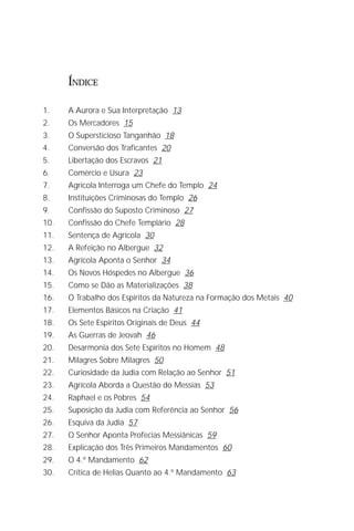 O Grande Evangelho de João – Volume VII
                                                                          3

      ÍNDICE

1.    A Aurora e Sua Interpretação 13
2.    Os Mercadores 15
3.    O Supersticioso Tanganhão 18
4.    Conversão dos Traficantes 20
5.    Libertação dos Escravos 21
6.    Comércio e Usura 23
7.    Agrícola Interroga um Chefe do Templo 24
8.    Instituições Criminosas do Templo 26
9.    Confissão do Suposto Criminoso 27
10.   Confissão do Chefe Templário 28
11.   Sentença de Agrícola 30
12.   A Refeição no Albergue 32
13.   Agrícola Aponta o Senhor 34
14.   Os Novos Hóspedes no Albergue 36
15.   Como se Dão as Materializações 38
16.   O Trabalho dos Espíritos da Natureza na Formação dos Metais 40
17.   Elementos Básicos na Criação 41
18.   Os Sete Espíritos Originais de Deus 44
19.   As Guerras de Jeovah 46
20.   Desarmonia dos Sete Espíritos no Homem 48
21.   Milagres Sobre Milagres 50
22.   Curiosidade da Judia com Relação ao Senhor 51
23.   Agrícola Aborda a Questão do Messias 53
24.   Raphael e os Pobres 54
25.   Suposição da Judia com Referência ao Senhor 56
26.   Esquiva da Judia 57
27.   O Senhor Aponta Profecias Messiânicas 59
28.   Explicação dos Três Primeiros Mandamentos 60
29.   O 4.º Mandamento 62
30.   Crítica de Helias Quanto ao 4.º Mandamento 63
 