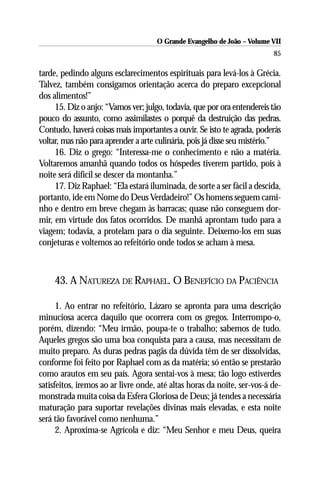 O Grande Evangelho de João – Volume VII
                                                                          85

tarde, pedindo alguns esclarecimentos espirituais para levá-los à Grécia.
Talvez, também consigamos orientação acerca do preparo excepcional
dos alimentos!”
     15. Diz o anjo: “Vamos ver; julgo, todavia, que por ora entendereis tão
pouco do assunto, como assimilastes o porquê da destruição das pedras.
Contudo, haverá coisas mais importantes a ouvir. Se isto te agrada, poderás
voltar, mas não para aprender a arte culinária, pois já disse seu mistério.”
     16. Diz o grego: “Interessa-me o conhecimento e não a matéria.
Voltaremos amanhã quando todos os hóspedes tiverem partido, pois à
noite será difícil se descer da montanha.”
     17. Diz Raphael: “Ela estará iluminada, de sorte a ser fácil a descida,
portanto, ide em Nome do Deus Verdadeiro!” Os homens seguem cami-
nho e dentro em breve chegam às barracas; quase não conseguem dor-
mir, em virtude dos fatos ocorridos. De manhã aprontam tudo para a
viagem; todavia, a protelam para o dia seguinte. Deixemo-los em suas
conjeturas e voltemos ao refeitório onde todos se acham à mesa.



     43. A NATUREZA DE RAPHAEL. O BENEFÍCIO DA PACIÊNCIA

      1. Ao entrar no refeitório, Lázaro se apronta para uma descrição
minuciosa acerca daquilo que ocorrera com os gregos. Interrompo-o,
porém, dizendo: “Meu irmão, poupa-te o trabalho; sabemos de tudo.
Aqueles gregos são uma boa conquista para a causa, mas necessitam de
muito preparo. As duras pedras pagãs da dúvida têm de ser dissolvidas,
conforme foi feito por Raphael com as da matéria; só então se prestarão
como arautos em seu país. Agora sentai-vos à mesa; tão logo estiverdes
satisfeitos, iremos ao ar livre onde, até altas horas da noite, ser-vos-á de-
monstrada muita coisa da Esfera Gloriosa de Deus; já tendes a necessária
maturação para suportar revelações divinas mais elevadas, e esta noite
será tão favorável como nenhuma.”
      2. Aproxima-se Agrícola e diz: “Meu Senhor e meu Deus, queira
 