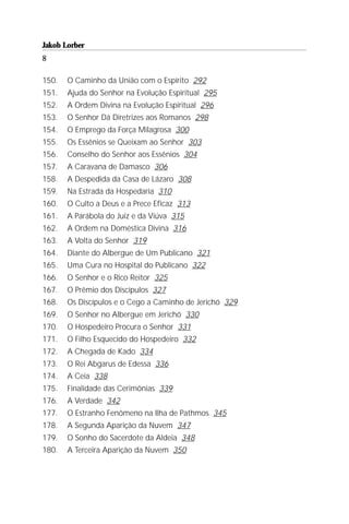 Jakob Lorber
8

150.   O Caminho da União com o Espírito 292
151.   Ajuda do Senhor na Evolução Espiritual 295
152.   A Ordem Divina na Evolução Espiritual 296
153.   O Senhor Dá Diretrizes aos Romanos 298
154.   O Emprego da Força Milagrosa 300
155.   Os Essênios se Queixam ao Senhor 303
156.   Conselho do Senhor aos Essênios 304
157.   A Caravana de Damasco 306
158.   A Despedida da Casa de Lázaro 308
159.   Na Estrada da Hospedaria 310
160.   O Culto a Deus e a Prece Eficaz 313
161.   A Parábola do Juiz e da Viúva 315
162.   A Ordem na Doméstica Divina 316
163.   A Volta do Senhor 319
164.   Diante do Albergue de Um Publicano 321
165.   Uma Cura no Hospital do Publicano 322
166.   O Senhor e o Rico Reitor 325
167.   O Prêmio dos Discípulos 327
168.   Os Discípulos e o Cego a Caminho de Jerichó 329
169.   O Senhor no Albergue em Jerichó 330
170.   O Hospedeiro Procura o Senhor 331
171.   O Filho Esquecido do Hospedeiro 332
172.   A Chegada de Kado 334
173.   O Rei Abgarus de Edessa 336
174.   A Ceia 338
175.   Finalidade das Cerimônias 339
176.   A Verdade 342
177.   O Estranho Fenômeno na Ilha de Pathmos 345
178.   A Segunda Aparição da Nuvem 347
179.   O Sonho do Sacerdote da Aldeia 348
180.   A Terceira Aparição da Nuvem 350
 
