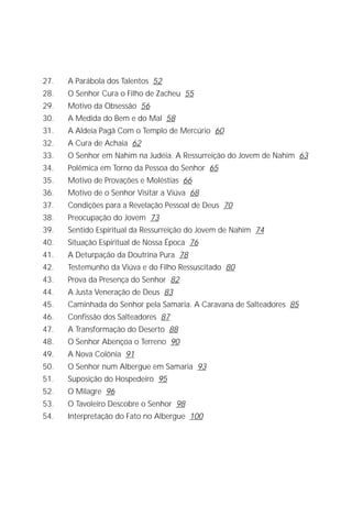 Jakob Lorber
4

27.    A Parábola dos Talentos 52
28.    O Senhor Cura o Filho de Zacheu 55
29.    Motivo da Obsessão 56
30.    A Medida do Bem e do Mal 58
31.    A Aldeia Pagã Com o Templo de Mercúrio 60
32.    A Cura de Achaia 62
33.    O Senhor em Nahim na Judéia. A Ressurreição do Jovem de Nahim 63
34.    Polêmica em Torno da Pessoa do Senhor 65
35.    Motivo de Provações e Moléstias 66
36.    Motivo de o Senhor Visitar a Viúva 68
37.    Condições para a Revelação Pessoal de Deus 70
38.    Preocupação do Jovem 73
39.    Sentido Espiritual da Ressurreição do Jovem de Nahim 74
40.    Situação Espiritual de Nossa Época 76
41.    A Deturpação da Doutrina Pura 78
42.    Testemunho da Viúva e do Filho Ressuscitado 80
43.    Prova da Presença do Senhor 82
44.    A Justa Veneração de Deus 83
45.    Caminhada do Senhor pela Samaria. A Caravana de Salteadores 85
46.    Confissão dos Salteadores 87
47.    A Transformação do Deserto 88
48.    O Senhor Abençoa o Terreno 90
49.    A Nova Colônia 91
50.    O Senhor num Albergue em Samaria 93
51.    Suposição do Hospedeiro 95
52.    O Milagre 96
53.    O Tavoleiro Descobre o Senhor 98
54.    Interpretação do Fato no Albergue 100
 