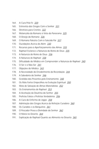 O Grande Evangelho de João – Volume IX
                                                                          9

164.   A Cura Pela Fé 320
165.   Entrevista dos Gregos Com o Senhor 321
166.   Diretrizes para Crentes 322
167.   Melancolia do Romano à Vista do Panorama 325
168.   O Desejo do Romano 326
169.   O Romano Palestra Com o Falecido Pai 327
170.   Elucidações Acerca do Além 330
171.   Recursos para o Aperfeiçoamento das Almas 333
172.   Raphael Esclarece a Natureza do Reino de Deus 335
173.   A Natureza do Reino de Deus 336
174.   A Natureza de Raphael 338
175.   Dificuldade do Médico em Compreender a Natureza de Raphael 340
176.   O Ser e o Não-Ser 341
177.   Objeções do Médico 343
178.   A Necessidade do Encobrimento da Recordação 344
179.   A Sabedoria do Senhor 346
180.   Gratidão dos Presentes pelo Ensinamento 348
181.   Os Mais Fortes Empecilhos na Evolução Espiritual 350
182.   Meio de Salvação de Almas Materialistas 352
183.   Os Ensinamentos de Raphael 353
184.   A Aceitação da Doutrina do Senhor 355
185.   Profetas Falsos e Profetas Verdadeiros 356
186.   A Cura do Enfermo de Joppe 358
187.   Admiração dos Gregos Acerca da Refeição Curadora 360
188.   Os Curados e os Barqueiros 361
189.   O Pescador Prova a Divindade do Senhor 362
190.   O Maná no Deserto 364
191.   Explicação de Raphael Quanto ao Alimento no Deserto 365
 