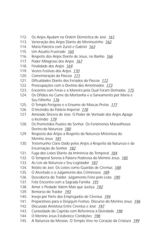 Jakob Lorber
6

112.   Os Anjos Ajudam na Ordem Doméstica de José 161
113.   Veneração dos Anjos Diante do Meninozinho 162
114.   Maria Palestra com Zuriel e Gabriel 163
115.   Um Assalto Frustrado 165
116.   Respeito dos Anjos Diante de Jesus, no Banho 166
117.   Poder Milagroso dos Anjos 167
118.   Finalidade dos Anjos 169
119.   Vestes Festivas dos Anjos 170
120.   Comemoração da Páscoa 171
121.   Dificuldades Diante dos Feriados da Páscoa 172
122.   Preocupações com o Destino dos Amotinados 173
123.   Encontro com Feras e a Maneira pela Qual Foram Domadas 175
124.   Os Ofídios no Cume da Montanha e o Saneamento por Maria e
       Seu Filhinho 176
125.   O Templo Perigoso e o Enxame de Moscas Pretas 177
126.   O Incêndio do Palácio Imperial 178
127.   Amizade Sincera de José. O Poder de Vontade dos Anjos Apaga
       o Incêndio 179
128.   Os Prometidos Puxões do Senhor. Os Fenômenos Maravilhosos
       Dentro da Natureza 180
129.   Resposta dos Anjos a Respeito da Natureza Misteriosa do
       Menino Jesus 181
130.   Testemunho Claro Dado pelos Anjos a Respeito da Natureza e da
       Encarnação do Senhor 182
131.   Fuga dos Leões Diante da Iminência do Temporal 184
132.   O Temporal Serena à Palavra Poderosa do Menino Jesus 185
133.   As Leis da Natureza e Seu Legislador 187
134.   Relato de Joel. Os Leões como Guardas de Cirenius 188
135.   O Atentado e o Julgamento dos Criminosos 189
136.   Descoberta do Traidor. Julgamento Feito pelo Leão 190
137.   Feliz Encontro com a Sagrada Família 191
138.   Amor e Piedade Valem Mais que Justiça 192
139.   Remorso do Traidor 193
140.   Inveja por Parte dos Empregados de Cirenius 194
141.   Preparativos para o Desjejum Festivo. Discurso do Menino Jesus 196
142.   Discussão Amistosa Entre Cirenius e José 197
143.   Curiosidade do Capitão com Referência à Divindade 198
144.   O Menino Jesus Estabelece Condições 198
145.   A Natureza do Messias. O Templo Vivo no Coração da Criatura 199
 
