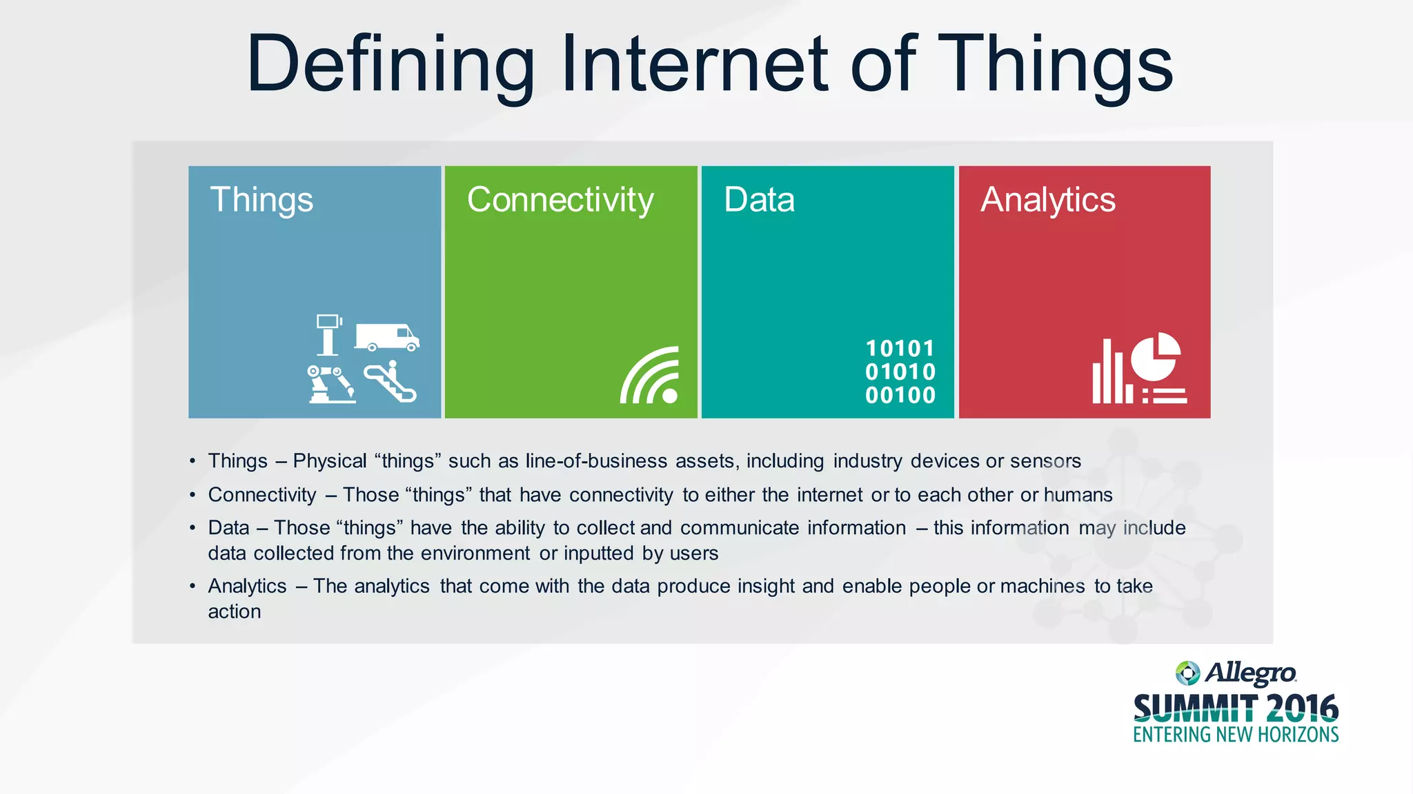 Data AnalyticsConnectivityThings
• Things – Physical “things” such as line-of-business assets, including industry devices or sensors
• Connectivity – Those “things” that have connectivity to either the internet or to each other or humans
• Data – Those “things” have the ability to collect and communicate information – this information may include
data collected from the environment or inputted by users
• Analytics – The analytics that come with the data produce insight and enable people or machines to take
action
Defining Internet of Things
 