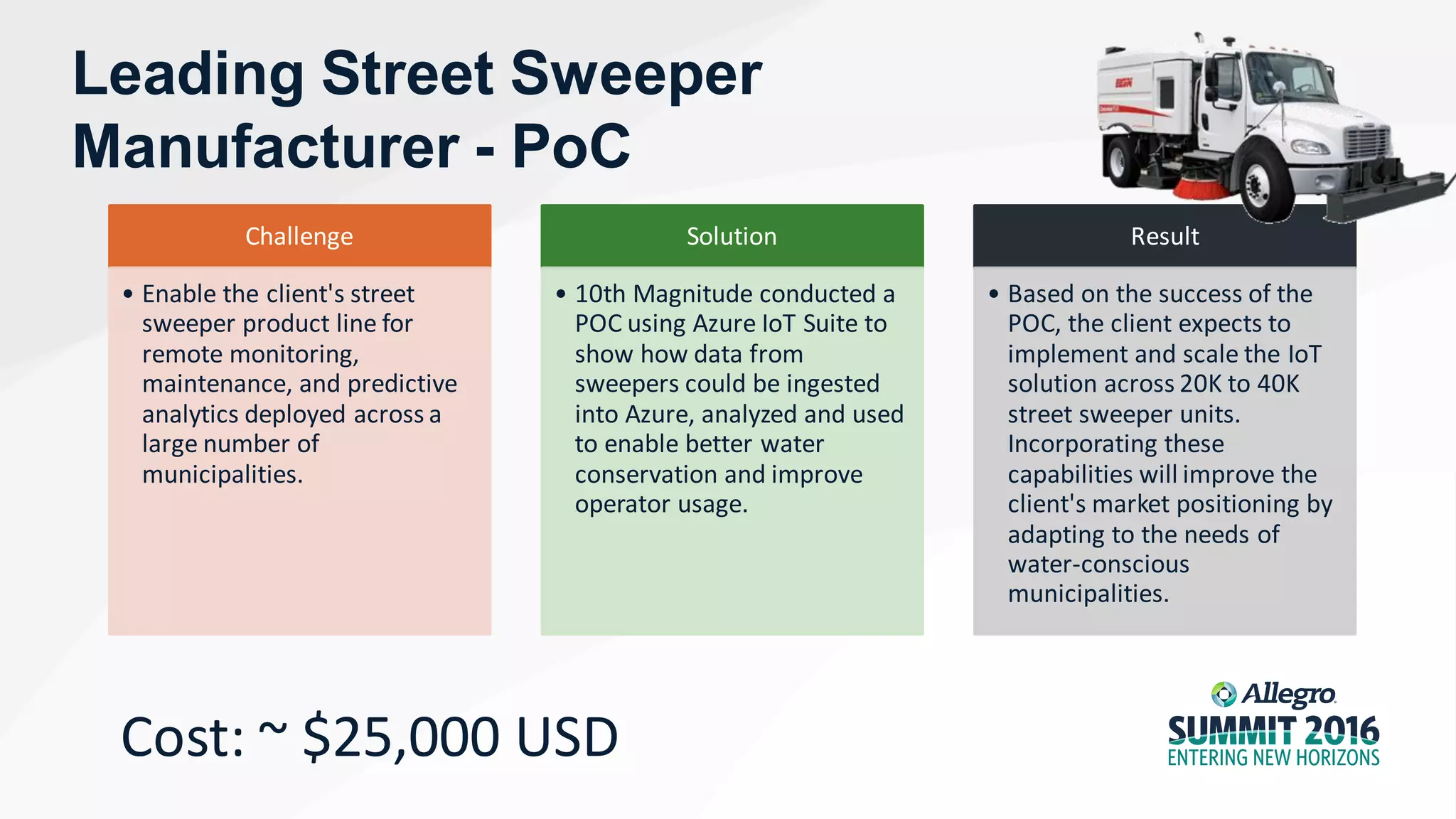 Leading Street Sweeper
Manufacturer - PoC
Challenge
• Enable the client's street
sweeper product line for
remote monitoring,
maintenance, and predictive
analytics deployed across a
large number of
municipalities.
Solution
• 10th Magnitude conducted a
POC using Azure IoT Suite to
show how data from
sweepers could be ingested
into Azure, analyzed and used
to enable better water
conservation and improve
operator usage.
Result
• Based on the success of the
POC, the client expects to
implement and scale the IoT
solution across 20K to 40K
street sweeper units.
Incorporating these
capabilities will improve the
client's market positioning by
adapting to the needs of
water-conscious
municipalities.
Cost: ~ $25,000 USD
 