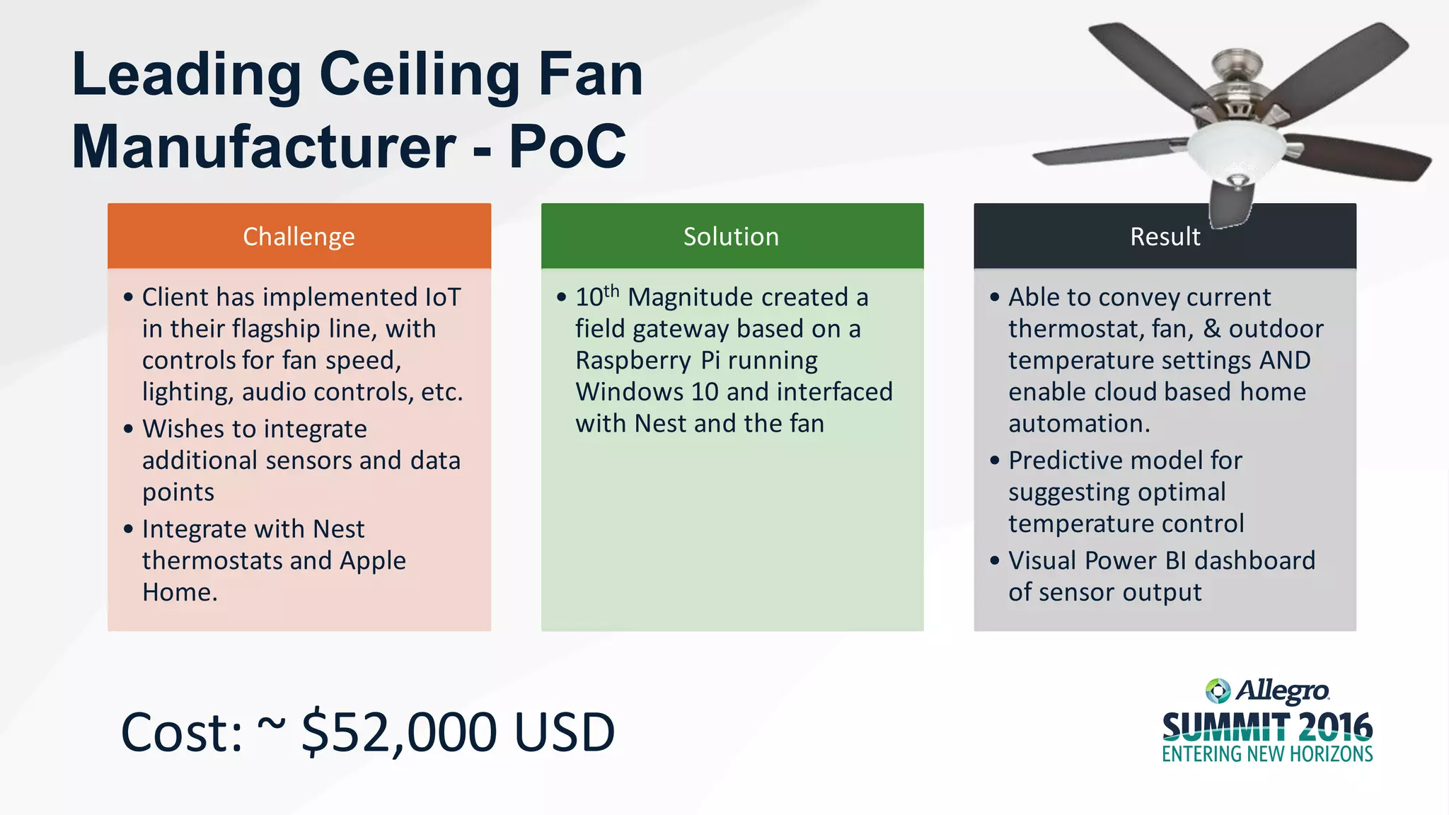 Leading Ceiling Fan
Manufacturer - PoC
Challenge
• Client has implemented IoT
in their flagship line, with
controls for fan speed,
lighting, audio controls, etc.
• Wishes to integrate
additional sensors and data
points
• Integrate with Nest
thermostats and Apple
Home.
Solution
• 10th Magnitude created a
field gateway based on a
Raspberry Pi running
Windows 10 and interfaced
with Nest and the fan
Result
• Able to convey current
thermostat, fan, & outdoor
temperature settings AND
enable cloud based home
automation.
• Predictive model for
suggesting optimal
temperature control
• Visual Power BI dashboard
of sensor output
Cost: ~ $52,000 USD
 