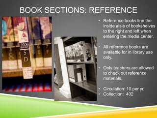 BOOK SECTIONS: REFERENCE
• Reference books line the
inside aisle of bookshelves
to the right and left when
entering the media center.
• All reference books are
available for in library use
only.
• Only teachers are allowed
to check out reference
materials.
• Circulation: 10 per yr.
• Collection: 402
 