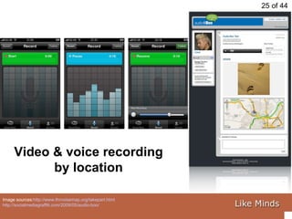 Image sources: http:// www.lhrnoisemap.org/takepart.html http://socialmediagraffiti.com/2009/05/audio-boo/   Video & voice recording by location 