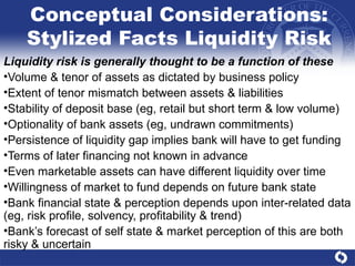 Conceptual Considerations: Stylized Facts Liquidity Risk Liquidity risk is generally thought to be a function of these Volume & tenor of assets as dictated by business policy Extent of tenor mismatch between assets & liabilities Stability of deposit base (eg, retail but short term & low volume) Optionality of bank assets (eg, undrawn commitments) Persistence of liquidity gap implies bank will have to get funding Terms of later financing not known in advance Even marketable assets can have different liquidity over time Willingness of market to fund depends on future bank state Bank financial state & perception depends upon inter-related data (eg, risk profile, solvency, profitability & trend) Bank’s forecast of self state & market perception of this are both risky & uncertain 