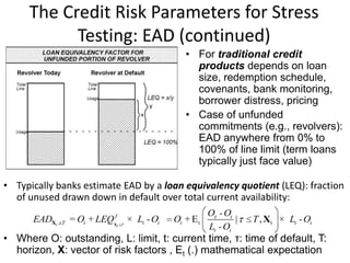 The Credit Risk Parameters for Stress
Testing: EAD (continued)
• Typically banks estimate EAD by a loan equivalency quotient (LEQ): fraction
of unused drawn down in default over total current availability:
t tE ,t ,t,Tt
f t
,t,T t t t t t t
t t
O -O
EAD = O +LEQ × L -O O + | T × L -O
L -OXX X
• Where O: outstanding, L: limit, t: current time, τ: time of default, T:
horizon, X: vector of risk factors , Et (.) mathematical expectation
• For traditional credit
products depends on loan
size, redemption schedule,
covenants, bank monitoring,
borrower distress, pricing
• Case of unfunded
commitments (e.g., revolvers):
EAD anywhere from 0% to
100% of line limit (term loans
typically just face value)
 