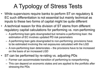 A Typology of Stress Tests
• While supervisors require banks to perform ST on regulatory &
EC such differentiation is not essential but mainly technical as
inputs to these two forms of capital might be quite different
• A technical reason for this division of ST stems from different
regulatory capital calculations for performing vs. non-performing
– A performing loan gets downgraded but remains a performing loan: the
estimation of EC involves updated PD risk parameters
– A performing loan gets downgraded to non-performing: provisions have
to be estimated involving the net exposures calculated with the LGD
– A non-performing loan deteriorates – the provisions have to be increased
on the basis of an increased LGD
• ST can be performed by re-rating vs. adjusting PDs
– Former can accommodate transition of performing to nonperforming
– This can depend on economic states and are applied to the portfolio after
stressing the PDs
 