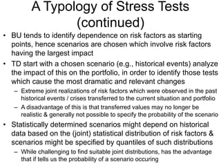 A Typology of Stress Tests
(continued)
• BU tends to identify dependence on risk factors as starting
points, hence scenarios are chosen which involve risk factors
having the largest impact
• TD start with a chosen scenario (e.g., historical events) analyze
the impact of this on the portfolio, in order to identify those tests
which cause the most dramatic and relevant changes
– Extreme joint realizations of risk factors which were observed in the past
historical events / crises transferred to the current situation and portfolio
– A disadvantage of this is that transferred values may no longer be
realistic & generally not possible to specify the probability of the scenario
• Statistically determined scenarios might depend on historical
data based on the (joint) statistical distribution of risk factors &
scenarios might be specified by quantiles of such distributions
– While challenging to find suitable joint distributions, has the advantage
that if tells us the probability of a scenario occuring
 