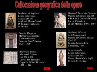 Madonna di Anghiari         Tomba di Ilaria del Carretto
Legno policromo,            Marmo di Carrara, cm 244
Altezza cm 140              x 88 x 66,5 (inclusa la base)
Anghiari, Museo Statale     Lucca, Cattedrale
Di Palazzo Taglieschi       di San Martino, 1406 - 1407
1420 circa

Portale Maggiore            Madonna Silvestri
Marmo rosso istriano        (o del Melograno)
E marmo bianco              Marmo di Carrara, altezza
Bologna, San Petronio       Cm 152
1425 - 1430                 Ferrara, Museo della
                            Cattedrale, 1406
                            San Leonardo
 Altare dei Trenta
                            Legno policromo,
 Marmo di Carrara
                            Altezza cm 160
 Cm 230 x 296
                            Massa, Santa Maria degli
 Lucca, San Frediano,
                            Uliveti, 1416 circa
 Cappella di San Riccardo
 1416 - 1422
 