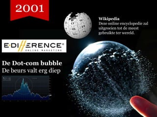 2001
                         Wikipedia
                         Deze online encyclopedie zal
                         uitgroeien tot de meest
                         gebruikte ter wereld.




De Dot-com bubble
De beurs valt erg diep
 