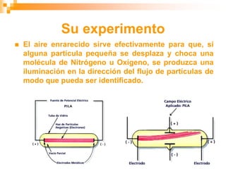 Su experimento
 El aire enrarecido sirve efectivamente para que, si
alguna partícula pequeña se desplaza y choca una
molécula de Nitrógeno u Oxígeno, se produzca una
iluminación en la dirección del flujo de partículas de
modo que pueda ser identificado.
 