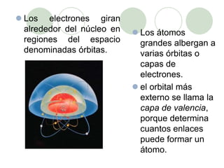  Los átomos
grandes albergan a
varias órbitas o
capas de
electrones.
 el orbital más
externo se llama la
capa de valencia,
porque determina
cuantos enlaces
puede formar un
átomo.
 Los electrones giran
alrededor del núcleo en
regiones del espacio
denominadas órbitas.
 