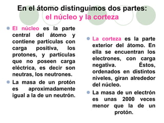 En el átomo distinguimos dos partes:
el núcleo y la corteza
 El núcleo es la parte
central del átomo y
contiene partículas con
carga positiva, los
protones, y partículas
que no poseen carga
eléctrica, es decir son
neutras, los neutrones.
 La masa de un protón
es aproximadamente
igual a la de un neutrón.
 La corteza es la parte
exterior del átomo. En
ella se encuentran los
electrones, con carga
negativa. Éstos,
ordenados en distintos
niveles, giran alrededor
del núcleo.
 La masa de un electrón
es unas 2000 veces
menor que la de un
protón.
 