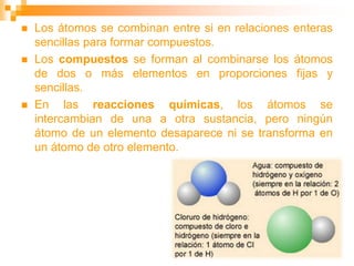  Los átomos se combinan entre si en relaciones enteras
sencillas para formar compuestos.
 Los compuestos se forman al combinarse los átomos
de dos o más elementos en proporciones fijas y
sencillas.
 En las reacciones químicas, los átomos se
intercambian de una a otra sustancia, pero ningún
átomo de un elemento desaparece ni se transforma en
un átomo de otro elemento.
 
