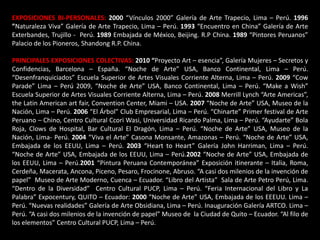 EXPOSICIONES BI-PERSONALES: 2000 “Vínculos 2000” Galería de Arte Trapecio, Lima – Perú. 1996
”Naturaleza Viva” Galería de Arte Trapecio, Lima – Perú. 1993 “Encuentro en China” Galería de Arte
Exterbandes, Trujillo - Perú. 1989 Embajada de México, Beijing. R.P China. 1989 “Pintores Peruanos”
Palacio de los Pioneros, Shandong R.P. China.

PRINCIPALES EXPOSICIONES COLECTIVAS: 2010 “Proyecto Art – esencia”, Galería Mujeres – Secretos y
Confidencias, Barcelona – España. “Noche de Arte” USA, Banco Continental, Lima – Perú.
“Desenfranquiciados” Escuela Superior de Artes Visuales Corriente Alterna, Lima – Perú. 2009 “Cow
Parade” Lima – Perú 2009, “Noche de Arte” USA, Banco Continental, Lima – Perú. “Make a Wish”
Escuela Superior de Artes Visuales Corriente Alterna, Lima – Perú. 2008 Merrill Lynch “Arte Americas”,
the Latin American art fair, Convention Center, Miami – USA. 2007 “Noche de Arte” USA, Museo de la
Nación, Lima – Perú. 2006 “El Árbol” Club Empresarial, Lima – Perú. “Chinarte” Primer festival de Arte
Peruano – Chino, Centro Cultural Ccori Wasi, Universidad Ricardo Palma, Lima – Perú. “Ayudarte” Bola
Roja, Clows de Hospital, Bar Cultural El Dragón, Lima – Perú. “Noche de Arte” USA, Museo de la
Nación, Lima- Perú. 2004 “Viva el Arte” Casona Monsante, Amazonas – Perú. “Noche de Arte” USA,
Embajada de los EEUU, Lima – Perú. 2003 “Heart to Heart” Galería John Harriman, Lima – Perú.
“Noche de Arte” USA, Embajada de los EEUU, Lima – Perú.2002 “Noche de Arte” USA, Embajada de
los EEUU, Lima – Perú.2001 “Pintura Peruana Contemporánea” Exposición itinerante – Italia, Roma,
Cerdeña, Macerata, Ancona, Piceno, Pesaro, Frocinone, Abruso. “A casi dos milenios de la invención de
papel” Museo de Arte Moderno, Cuenca – Ecuador. “Libro del Artista” Sala de Arte Petro Perú, Lima.
“Dentro de la Diversidad” Centro Cultural PUCP, Lima – Perú. “Feria Internacional del Libro y La
Palabra” Expocentury, QUITO – Ecuador: 2000 “Noche de Arte” USA, Embajada de los EEEUU. Lima –
Perú. “Nuevas realidades” Galería de Arte Obsidiana, Lima – Perú. Inauguración Galería ARTCO. Lima –
Perú. “A casi dos milenios de la invención de papel” Museo de la Ciudad de Quito – Ecuador. “Al filo de
los elementos” Centro Cultural PUCP, Lima – Perú.
 