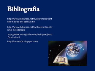 http://www.slideshare.net/zulayarenales/cont
exto-histrico-del-positivismo

http://www.slideshare.net/cyntiaceron/positiv
ismo-metodologia
http://www.monografias.com/trabajos6/posix
/posix.shtml
http://romero04.blogspot.com/
 