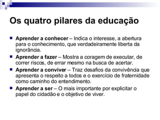 Os quatro pilares da educação Aprender a conhecer  – Indica o interesse, a abertura para o conhecimento, que verdadeiramente liberta da ignorância. Aprender a fazer  – Mostra a coragem de executar, de correr riscos, de errar mesmo na busca de acertar. Aprender a conviver  – Traz desafios da convivência que apresenta o respeito a todos e o exercício de fraternidade como caminho do entendimento. Aprender a ser  – O mais importante por explicitar o papel do cidadão e o objetivo de viver. 