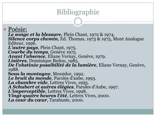 Bibliographie
 Poésie:

Le songe et la blessure, Plein Chant, 1972 & 1974.
Silence corps chemin, Ed. Thomas, 1973 & 1975, Mont Analogue
Editeur, 1996.
L'autre pays, Plein Chant, 1975.
Courbe du temps, Genève 1975.
Avant l'absence, Eliane Vernay, Genève, 1979.
Lisières, Dominique Bedou, 1985.
De l'obstinée possibilité de la lumière, Eliane Vernay, Genève,
1988.
Sous la montagne, Messidor, 1992.
Le bruit du monde, Paroles d'aube, 1993.
La chambre vide, Lettres Vives, 1995.
A Schubert et autres élégies, Paroles d'Aube, 1997.
L'imperceptible, Lettres Vives, 1998.
Vingt-quatre heures l'été, Lettres Vives, 2000.
La cour du cœur, Tarabuste, 2000.

 
