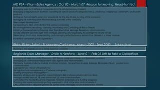 MD PSA - PharmSales Agency : Oct 03 - March 07 Reason for leaving: Head-hunted
Managing sales for 5 different companies into the retail pharmacy markets
Managing a large product portfolio, consisting of various product categories FMCG, Medicines, Fragrances, optometry, and health
products
Setting up the complete systems of procedure for the day to day running of the company
Managing all marketing and merchandising activities of the company
New market development
Full reporting to MD's and CEO's of the various companies
Risk management identifying, assessing, monitoring and Controlling of Risk or Threats
Initiating, Oversee Projects Planning, Allot Tasks Executing, Manage Resources, communication
Handle different functions right from strategic planning, and organizing, to looking into minute details
Developing, structuring, implementing and managing effective supply system that delivers in a timely manner
Increased companies product portfolio's
Rhino Riders Safari – St Maarten Caribbean March 2002 - Sept 2003 Sabbatical
Working in the Caribbean on a family boat for 12 months.
Regional Sales Manager - Smith n Nephew - June 01 - Feb 02 Left to take a Sabbatical
Managing of sales force into Pharmacy, GP, Private nurse practitioner and Specialist portfolio's
Managing of contracted independent sales agents and merchandisers
Company Analysis, Industry Analysis, Customer Analysis, Competitive Analysis, Salesops Strategies, Clear / precise team
communication
Managerial co - travel with sales force
Pricing structure management to Customer categories
Drafting of reports to management
Quarterly strategy and evaluation presentations to MD and executive board members.
Manage a sales force of 13, and admin staff (3) and 6 merchandisers
Formulated the needed business proposals, research proposals, or a funding proposals.
Planning and more importantly getting everyone to stick to the plan and complete it
CHC Division was in negative growth for 3 years and I managed to turn it around in 4 months
 
