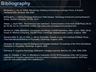 BibliographyMcGrenere, J., Ho, W. (2000). Affordances: Clarifying and Evolving a Concept. Procs. of Graphic Interfaces 2000, Montreal, May 2000.McNaughton, J. Utilizing Emerging Multi-touch Table Designs. Technology Enhanced Learning Research Group - Durham University. TR-TEL-10-01.Nielsen, J. (April 1993). "Noncommand User Interfaces". Communications of the ACM (ACM Press) 36 (4): pp. 83–99. doi:10.1145/255950.153582. http://www.useit.com/papers/noncommand.html. Norman, D. (1999). Affordance, Conventions and Design. In ACM Interactions, (May + June, 1999), 38-42. Picard, R. Affective Computing. The MIT Press, Cambridge, Massachusetts. London, England, 1998.Ramduny-Ellis, D.; Dix, A.; Hare, J.; Gill, S. Physicality: Towards a Less-GUI Interface (Preface). Procs. Third International Workshop on Physicality. Cambridge, England, 2009.Sorensen, M. Making a Case for Biological and Tangible Interfaces. Proceedings of the Third International Workshop on Physicality. Cambridge, England, 2009.Sternberg, R. Cognitive Psychology. Wadsworth, Cengage Learning. Belmont, CA, USA, 2009, 2006.Vyas, D., Chisalita, C. Veer, G. Affordance in Interaction. ECCE '06 Proceedings of the 13th Eurpoean conference on Cognitive ergonomics: trust and control in complex socio-technical systems. ACM New York, NY, USA ©2006 ISBN: 978-3-906509-23-517