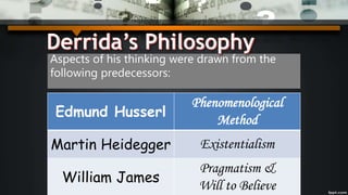 Aspects of his thinking were drawn from the
following predecessors:
Edmund Husserl
Phenomenological
Method
Martin Heidegger Existentialism
William James
Pragmatism &
Will to Believe
 