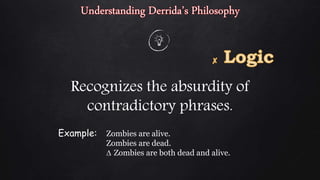 Recognizes the absurdity of
contradictory phrases.
Example: Zombies are alive.
Zombies are dead.
∆ Zombies are both dead and alive.
 