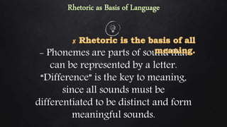- Phonemes are parts of sound that
can be represented by a letter.
“Difference” is the key to meaning,
since all sounds must be
differentiated to be distinct and form
meaningful sounds.
 
