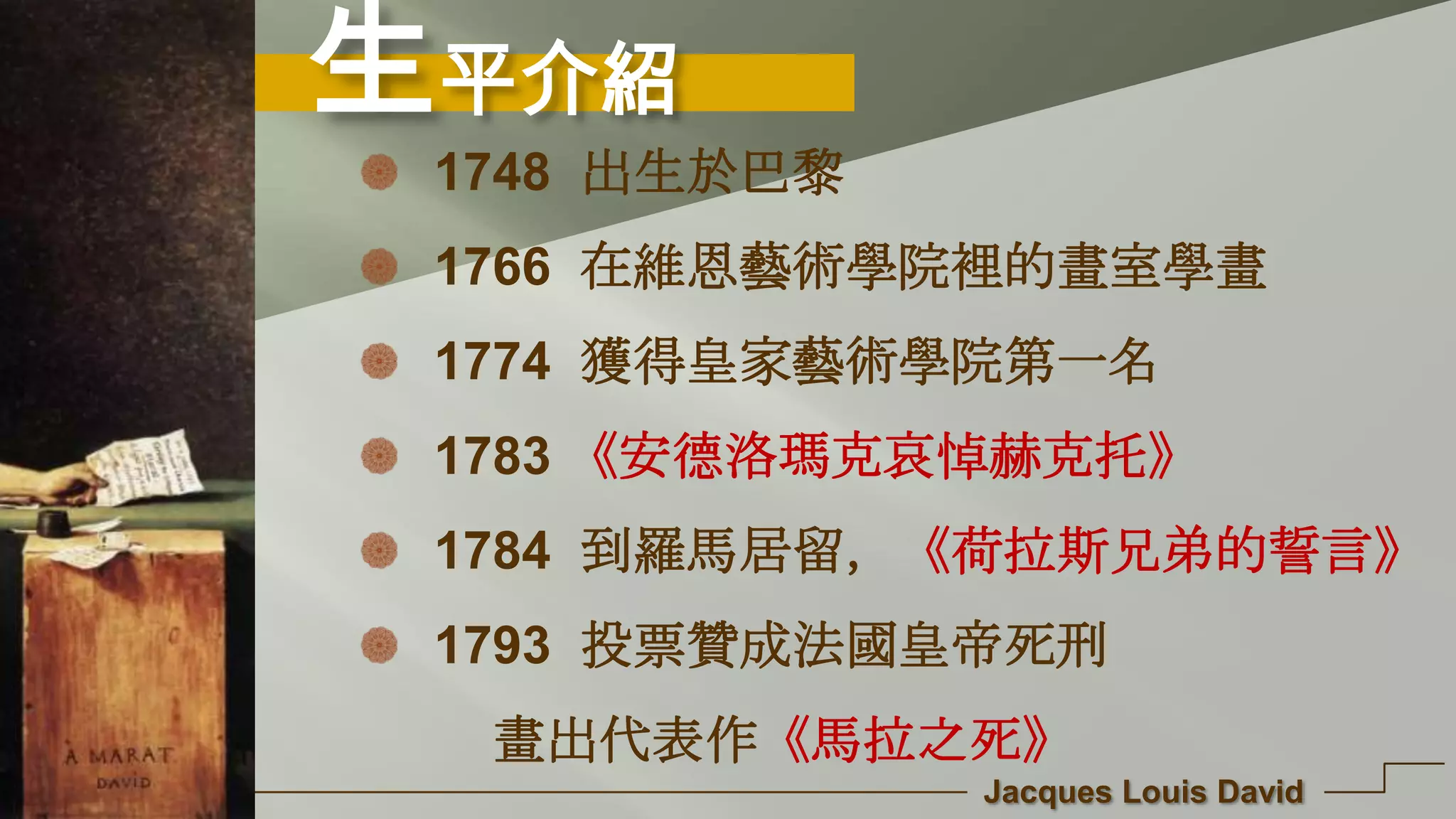 生平介紹
Jacques Louis David
1748 出生於巴黎
1766 在維恩藝術學院裡的畫室學畫
1774 獲得皇家藝術學院第一名
1783 《安德洛瑪克哀悼赫克托》
1784 到羅馬居留，《荷拉斯兄弟的誓言》
1793 投票贊成法國皇帝死刑
畫出代表作《馬拉之死》
 