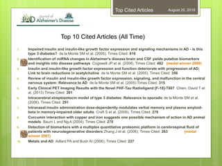 Top 10 Cited Articles (All Time)
1. Impaired insulin and insulin-like growth factor expression and signaling mechanisms in AD - is this
type 3 diabetes? de la Monte SM et al. (2005), Times Cited: 816
2. Identification of miRNA changes in Alzheimer's disease brain and CSF yields putative biomarkers
and insights into disease pathways Cogswell JP et al. (2008), Times Cited: 482 (medal winner 2009)
3. Insulin and insulin-like growth factor expression and function deteriorate with progression of AD:
Link to brain reductions in acetylcholine de la Monte SM et al. (2005), Times Cited: 356
4. Review of insulin and insulin-like growth factor expression, signaling, and malfunction in the central
nervous system: Relevance to AD de la Monte SM et al. (2005) Times Cited: 315
5. Early Clinical PET Imaging Results with the Novel PHF-Tau Radioligand [F-18]-T807 Chien, David T et
al. (2013) Times Cited: 301
6. Intracerebral streptozotocin model of type 3 diabetes: Relevance to sporadic de la Monte SM et al.
(2006), Times Cited: 291
7. Intranasal insulin administration dose-dependently modulates verbal memory and plasma amyloid-
beta in memory-impaired older adults Craft S et al. (2008), Times Cited: 276
8. Curcumin interaction with copper and iron suggests one possible mechanism of action in AD animal
models Baum L and Ng A (2004), Times Cited: 270
9. Detection of biomarkers with a multiplex quantitative proteomic platform in cerebrospinal fluid of
patients with neurodegenerative disorders Zhang J et al. (2006), Times Cited: 263 (medal
winner 2007)
10. Metals and AD Adlard PA and Bush AI (2006), Times Cited: 227
August 20, 2018Top Cited Articles
 