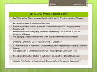 August 20, 2018Media
Top 10 JAD Press Releases 2017
• For White Middle Class, Moderate Drinking Is Linked to Cognitive Health in Old Age
• Women Have More Active Brains Then Men
• Can Omega-3 Help Prevent Alzheimer’s Disease? Brain SPECT Imaging Shows
Possible Link
• Meditation and Music May Help Reverse Early Memory Loss in Adults at Risk for
Alzheimer’s Disease
• Anti-Epilepsy Drug Restores Normal Brain Activity in Mild Alzheimer’s Disease
• Detecting Alzheimer’s Disease Earlier Using … Greebles?
• A Protein Involved in Alzheimer’s Disease May Also be Implicated in Cognitive Abilities in
Children
• Is it Depression or Dementia? Brain SPECT Imaging Helps Distinguish Them
• Deep Brain Stimulation Studies in Alzheimer’s Disease Pose Ethical Challenges
• Vascular Risk Factors and Alzheimer’s Disease: A New Therapeutic Opportunity?
 