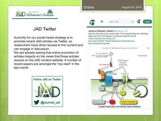 August 20, 2018Online
JAD Twitter
A priority for our social media strategy is to
promote recent JAD articles via Twitter, so
researchers have direct access to the content and
can engage in discussion.
We are already seeing that online promotion of
articles impacts on the views that those articles
receive on the JAD content website. A number of
recent papers are amongst the “top read” in the
last month.
 
