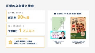 圧倒的な実績と権威
不登校・ひきこもり
解決率 90% 超
40 年間の救済データ
支援累計 1 万人以上
JADA が定義する「成果」
上場企業就業・公務員
採用レベルの「社会的自律」
出版物による強力な啓発と権威性
『不登校・ひきこもりの
9 割は治せる』
杉浦孝宣 著
『もう悩まない!不登校・ひき
こもりの 9 割は解決できる』
高濱正伸氏 共著