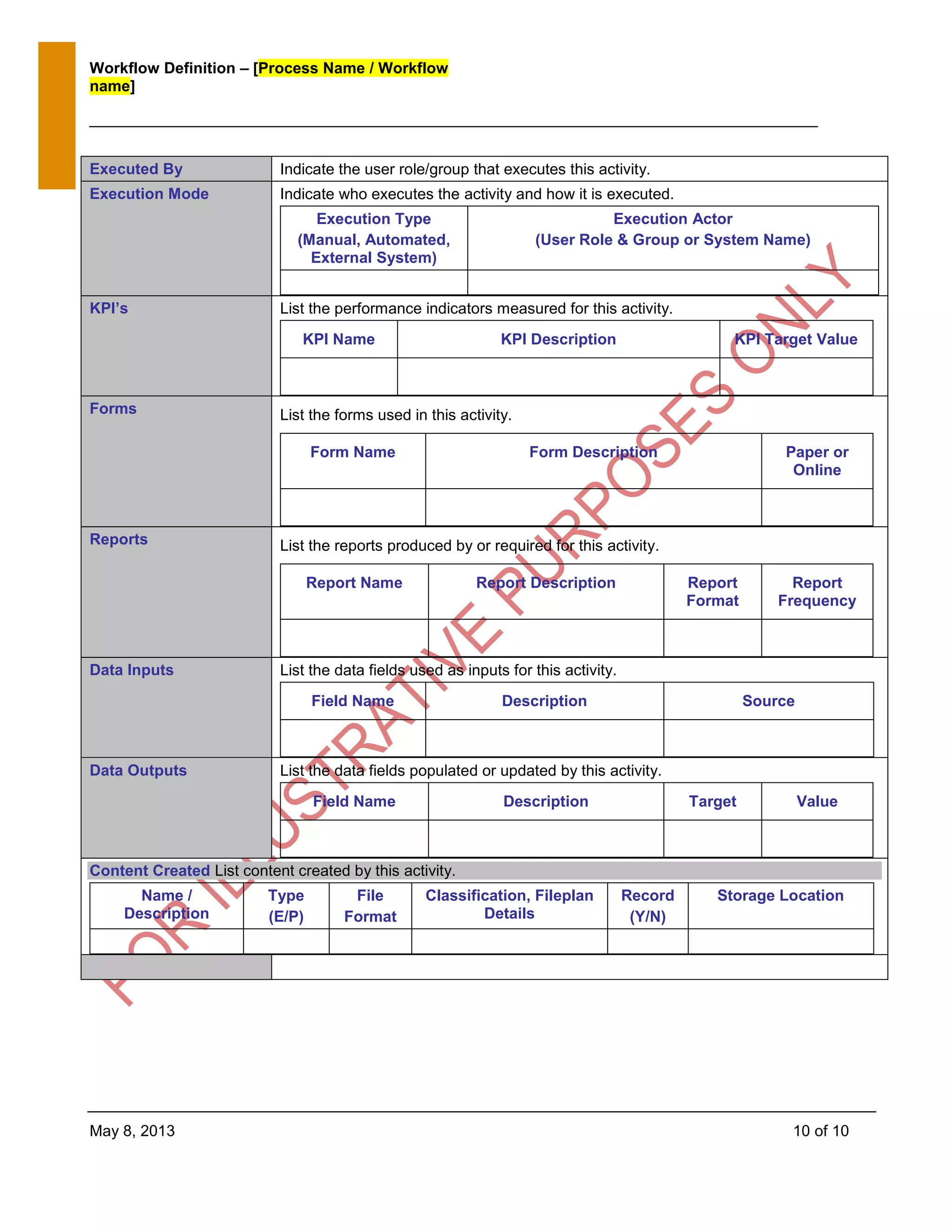 Workflow Definition – [Process Name / Workflow
name]
May 8, 2013 10 of 10
Executed By Indicate the user role/group that executes this activity.
Execution Mode Indicate who executes the activity and how it is executed.
Execution Type
(Manual, Automated,
External System)
Execution Actor
(User Role & Group or System Name)
KPI’s List the performance indicators measured for this activity.
KPI Name KPI Description KPI Target Value
Forms List the forms used in this activity.
Form Name Form Description Paper or
Online
Reports List the reports produced by or required for this activity.
Report Name Report Description Report
Format
Report
Frequency
Data Inputs List the data fields used as inputs for this activity.
Field Name Description Source
Data Outputs List the data fields populated or updated by this activity.
Field Name Description Target Value
Content Created List content created by this activity.
Name /
Description
Type
(E/P)
File
Format
Classification, Fileplan
Details
Record
(Y/N)
Storage Location
 