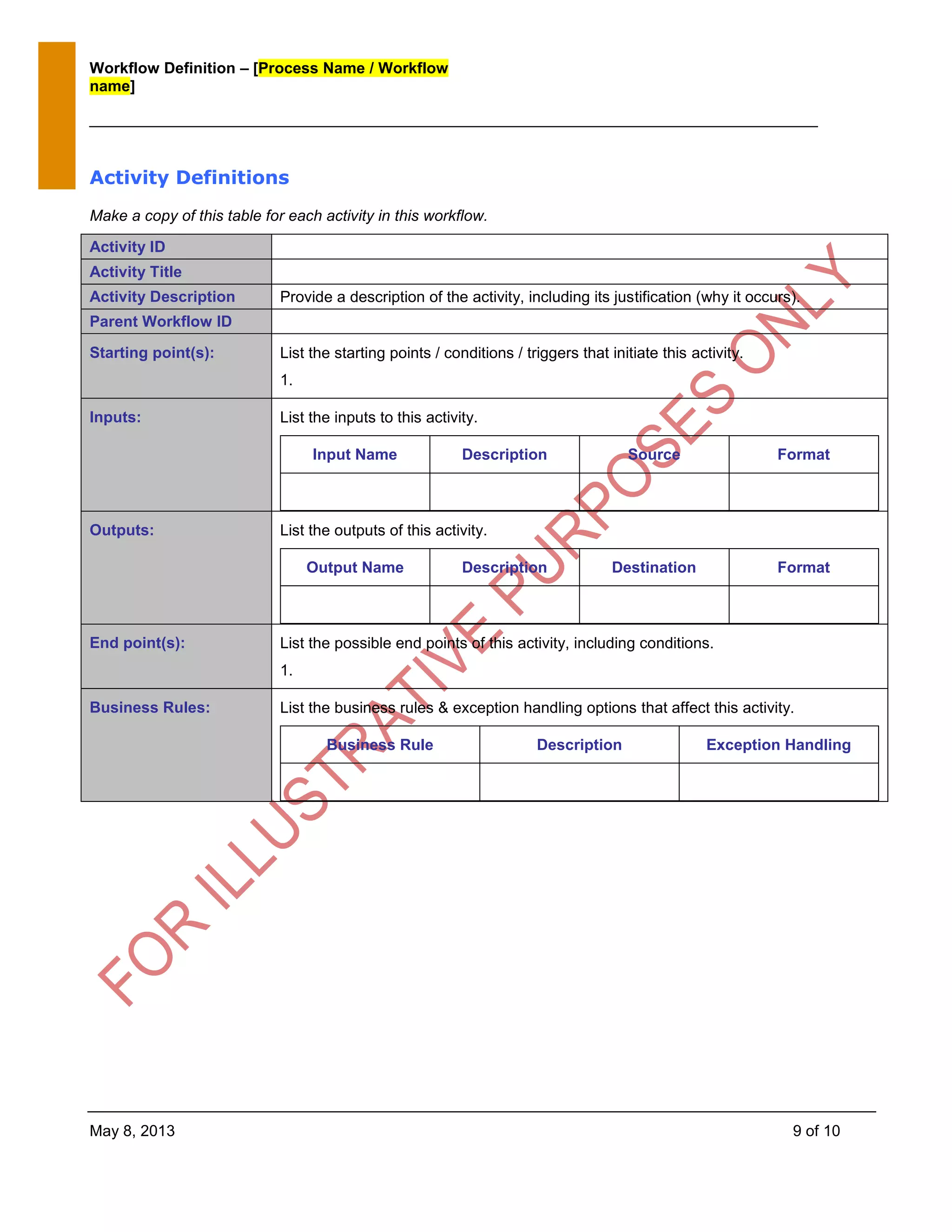 Workflow Definition – [Process Name / Workflow
name]
May 8, 2013 9 of 10
Activity Definitions
Make a copy of this table for each activity in this workflow.
Activity ID
Activity Title
Activity Description Provide a description of the activity, including its justification (why it occurs).
Parent Workflow ID
Starting point(s): List the starting points / conditions / triggers that initiate this activity.
1.
Inputs: List the inputs to this activity.
Input Name Description Source Format
Outputs: List the outputs of this activity.
Output Name Description Destination Format
End point(s): List the possible end points of this activity, including conditions.
1.
Business Rules: List the business rules & exception handling options that affect this activity.
Business Rule Description Exception Handling
 