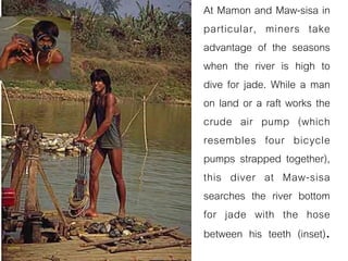 At Mamon and Maw-sisa in 
particular, miners take 
advantage of the seasons 
when the river is high to 
dive for jade. While a man 
on land or a raft works the 
crude air pump (which 
resembles four bicycle 
pumps strapped together), 
this diver at Maw-sisa 
searches the river bottom 
for jade with the hose 
between his teeth (inset). 
 