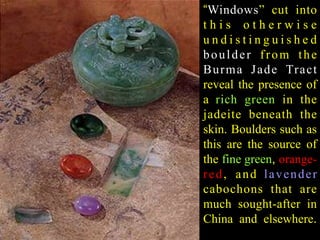 “Windows” cut into 
t h i s o t h e r w i s e 
u n d i s t i n g u i s h e d 
b o u l d e r f r om t h e 
Burma Jade Tract 
reveal the presence of 
a rich green in the 
jadeite beneath the 
skin. Boulders such as 
this are the source of 
the fine green, orange-r 
ed, and l avende r 
cabochons that are 
much sought-after in 
China and elsewhere. 
 